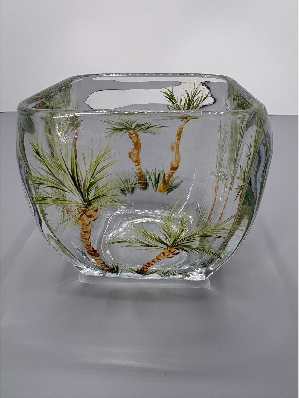 Vintage Palm Tree Art Glass Square Bowl Tropical Decor